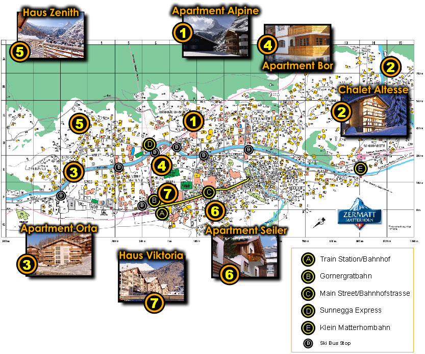 Aerial street and house map of the town of Zermatt